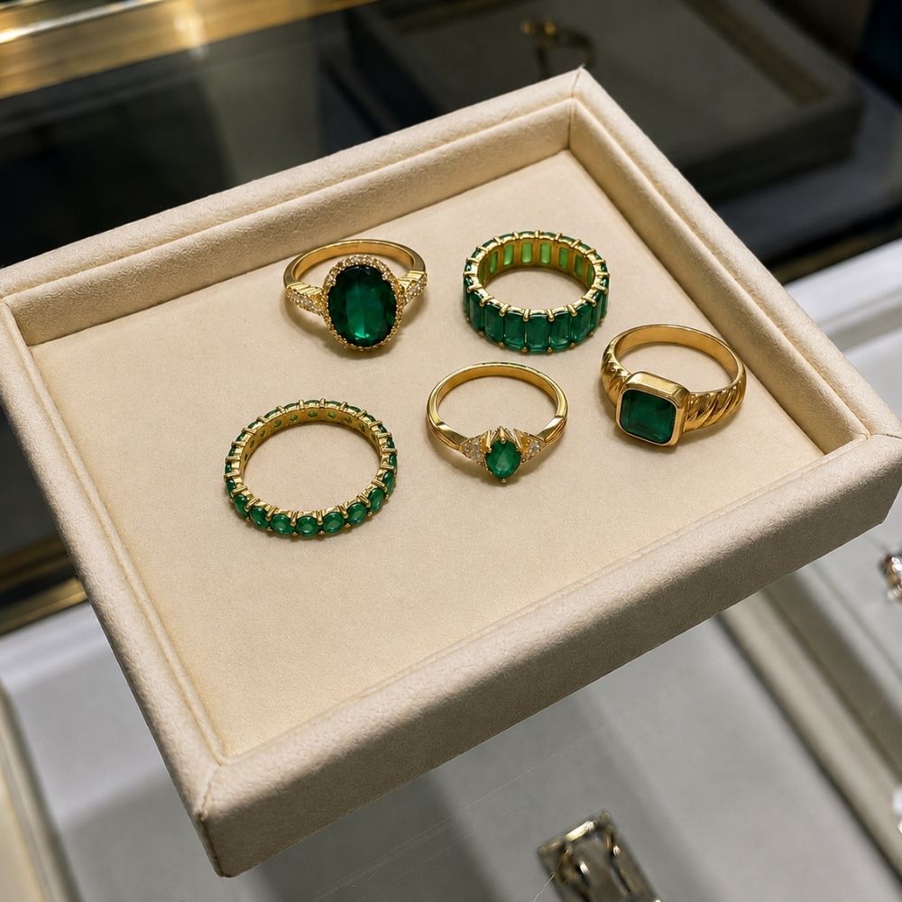 Exquisite Emerald Gold Ring Set