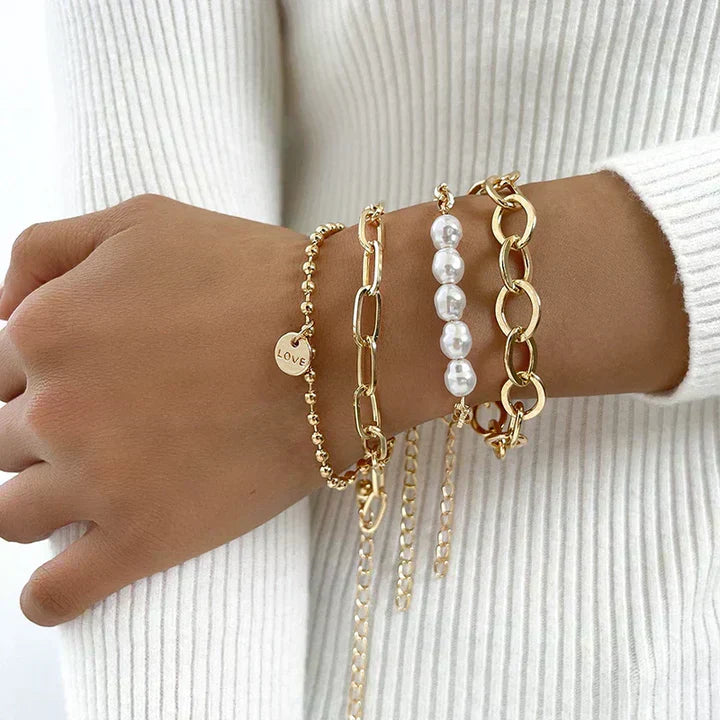 Gold Bracelet Set with Pearls