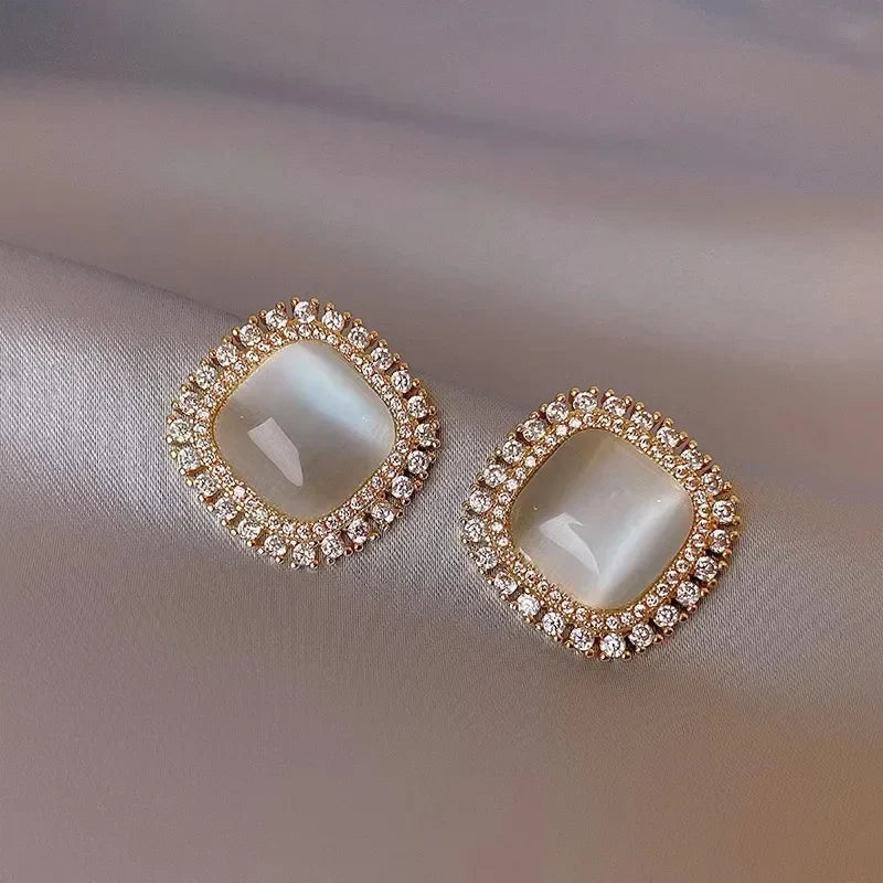 Chic square Gold stud earrings with opal and CZ crystal