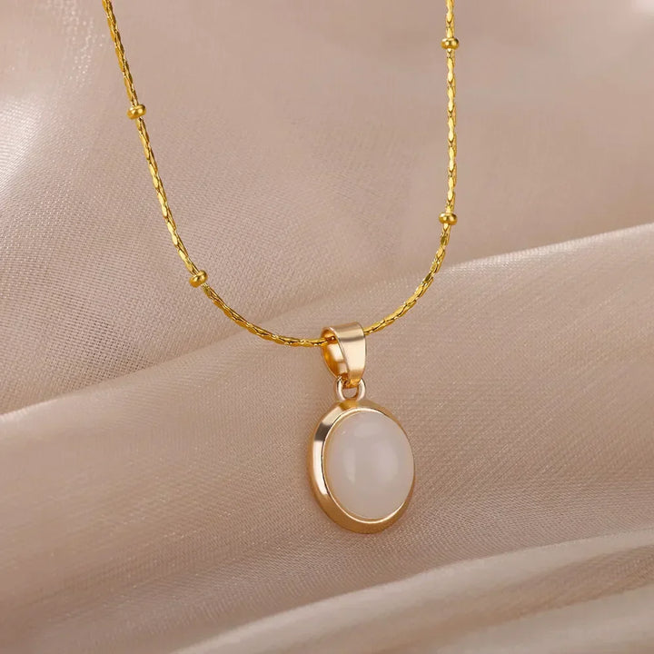 Chic Gold Stainless Steel Necklace with Teardrop Opal Pendant