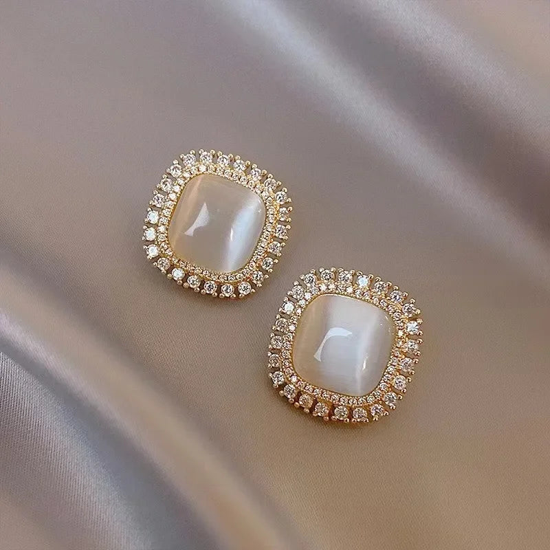 Chic square Gold stud earrings with opal and CZ crystal