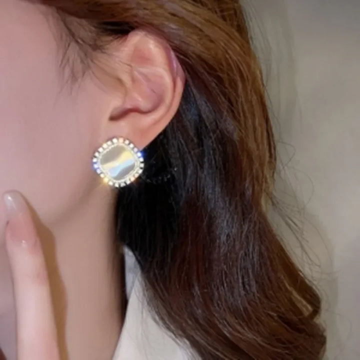 Chic square Gold stud earrings with opal and CZ crystal
