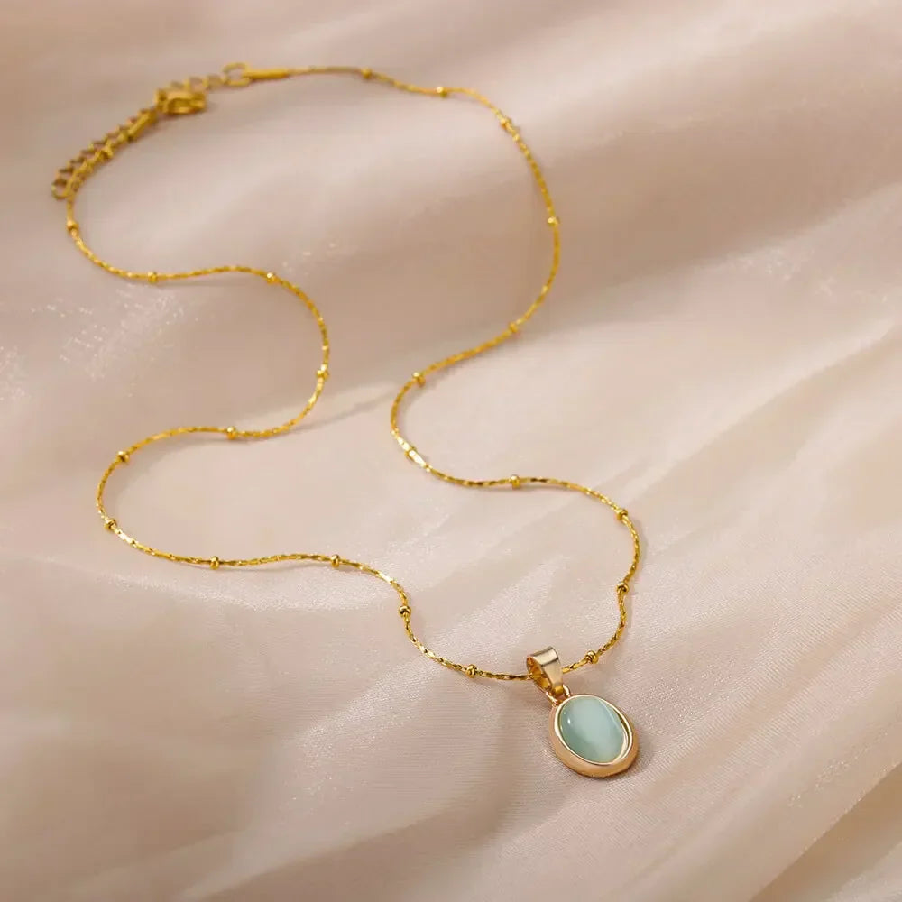 Chic Gold Stainless Steel Necklace with Teardrop Opal Pendant