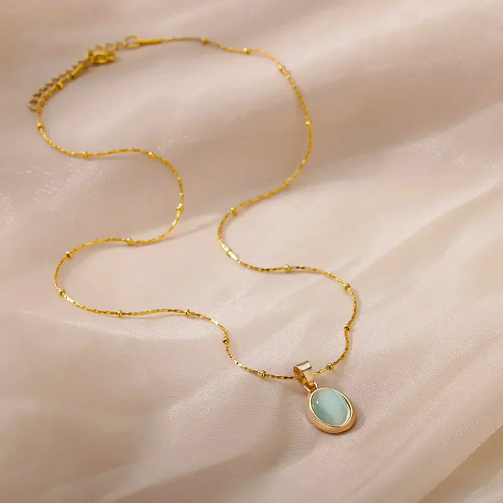 Chic Gold Stainless Steel Necklace with Teardrop Opal Pendant