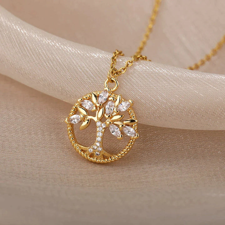 Gold Tree of Life Necklace with Crystal Pendant