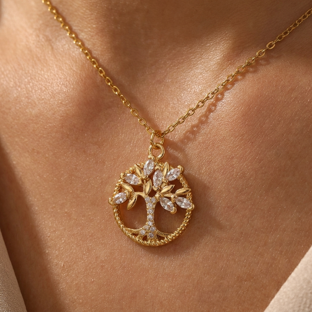 Gold Tree of Life Necklace with Crystal Pendant