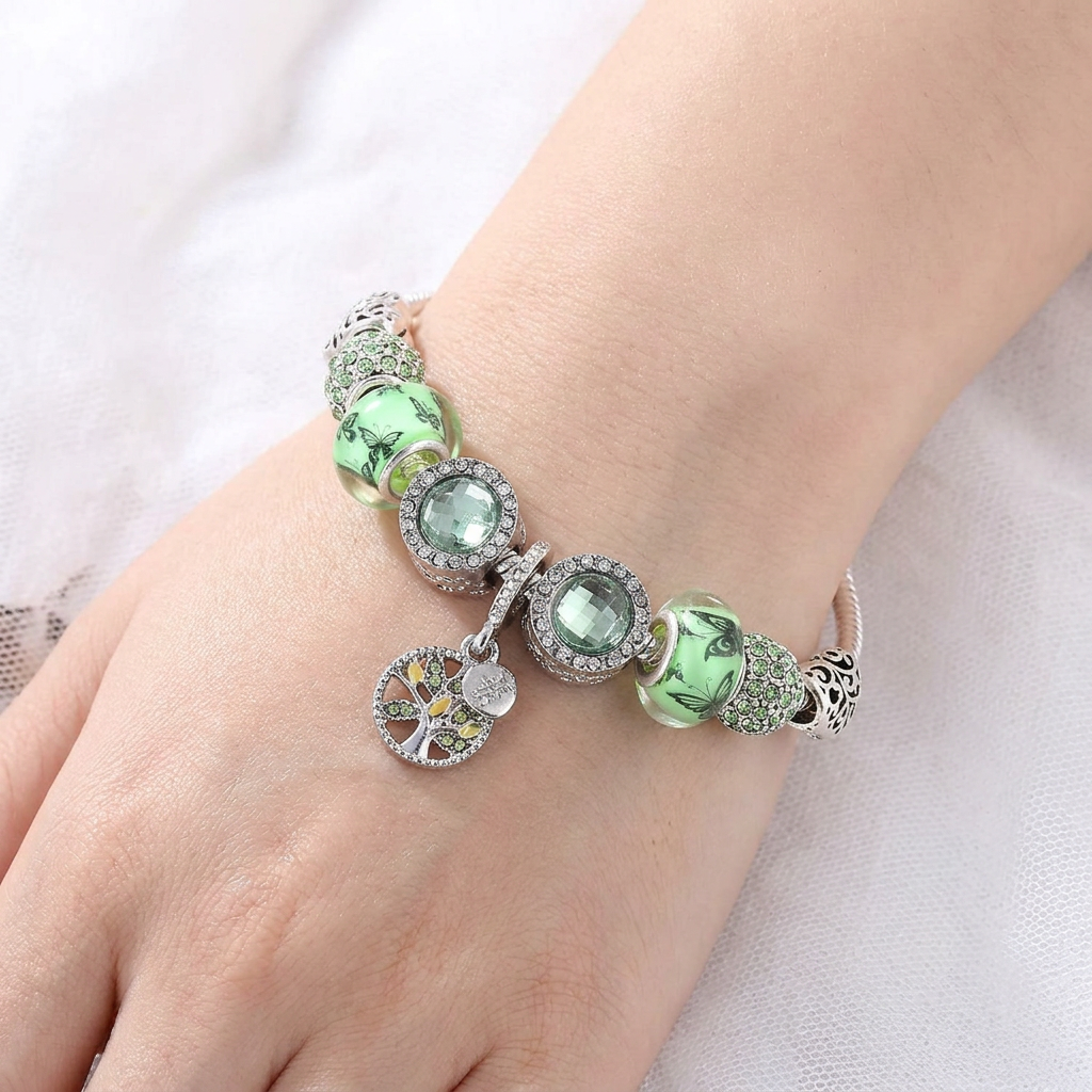 Silver Bracelet with Green Crystal