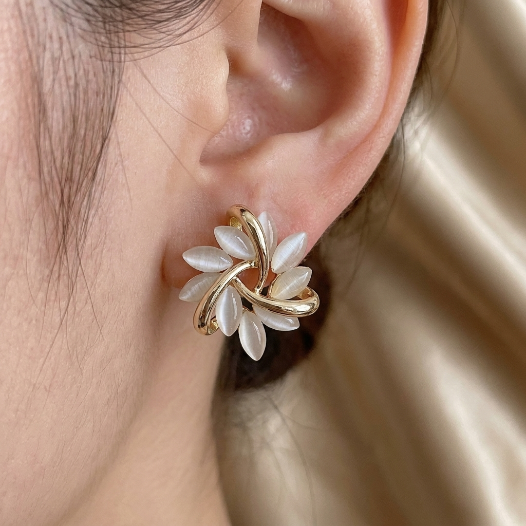 Gold leaf stud earrings with white opal