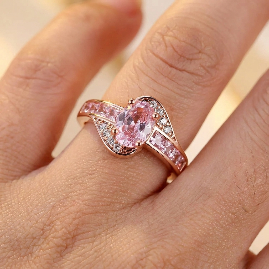 Exclusive gold ring with pink crystal
