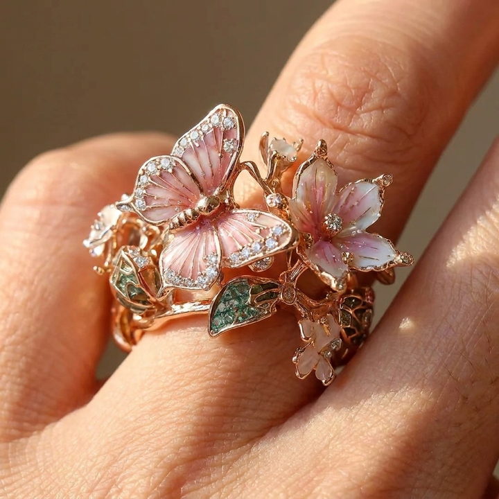 Luminous butterfly ring inspired by nature with zircon