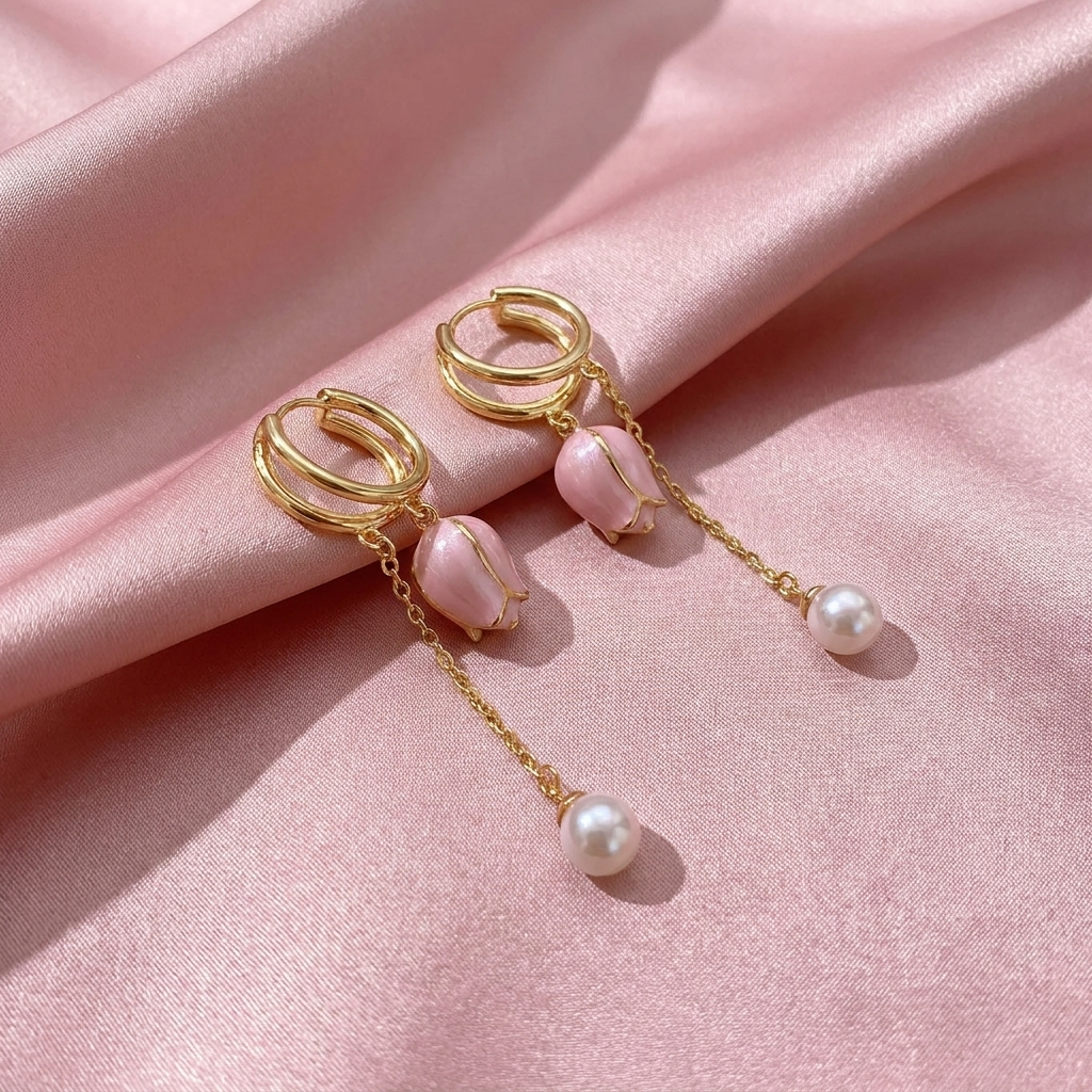 Floral drop earrings in gold with pearl