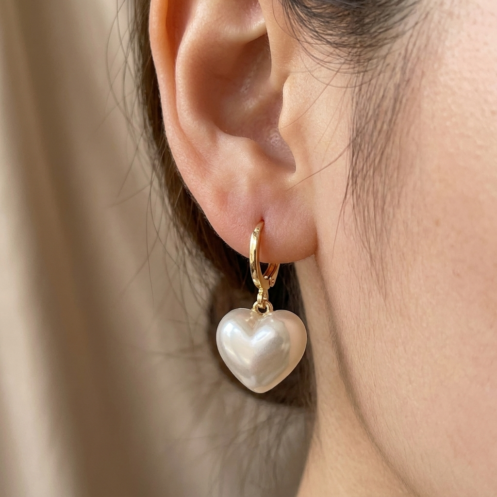 Gold drop earrings with heart and pearl