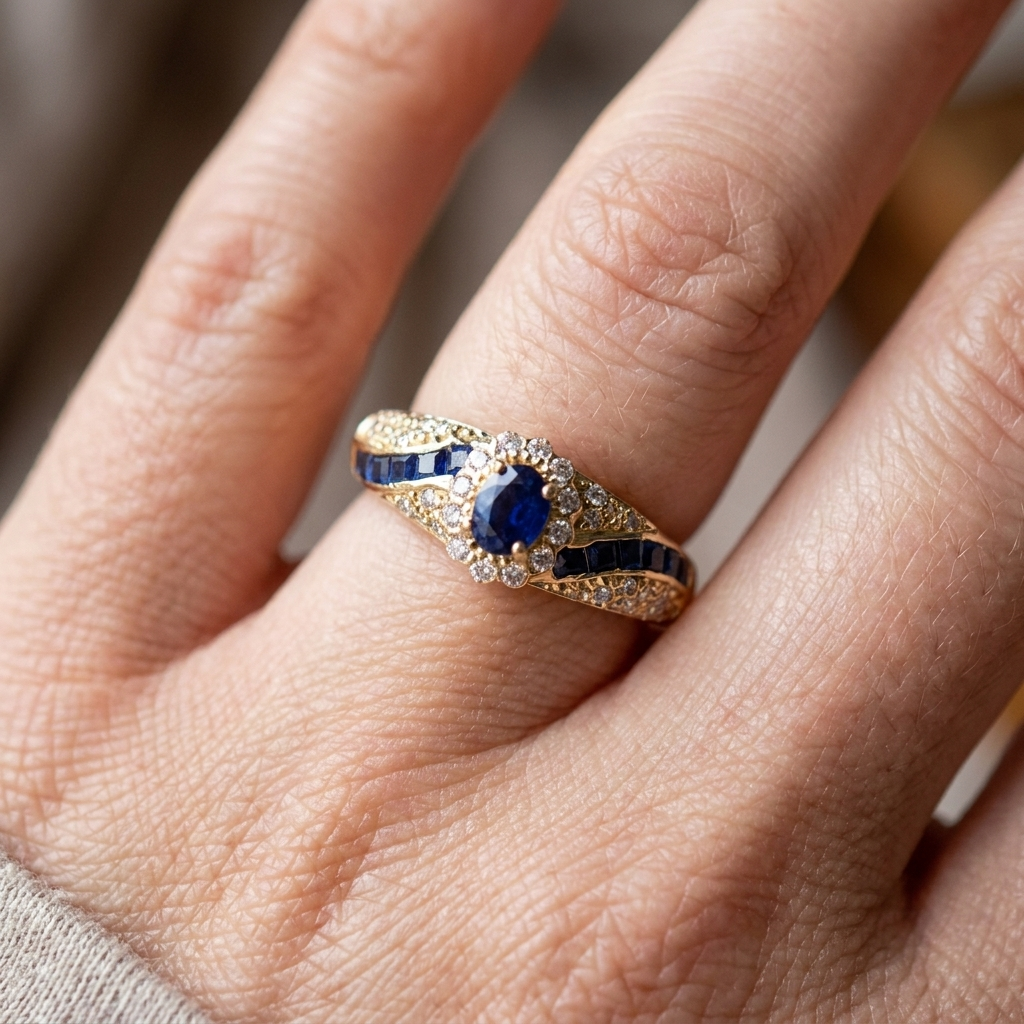 Gold wedding band with sapphire