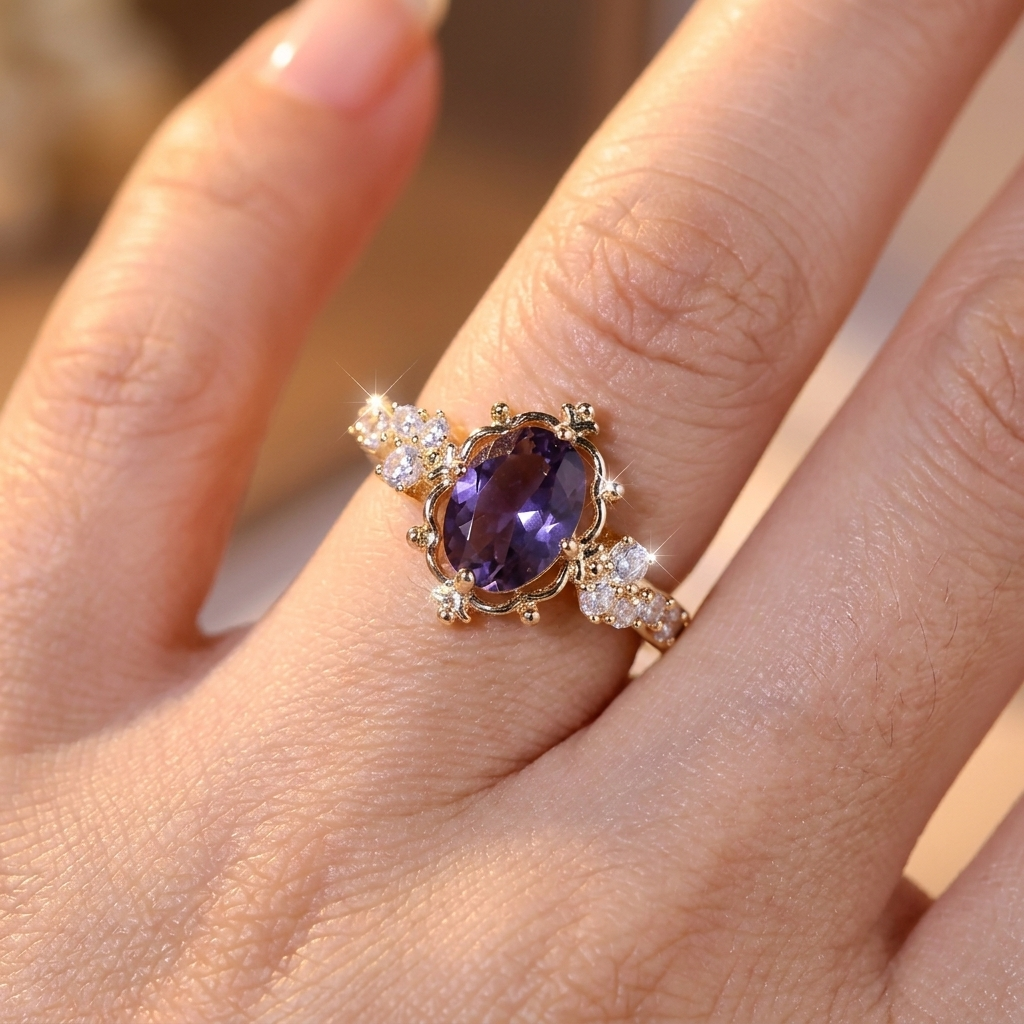 Gold ring with princess-cut amethyst