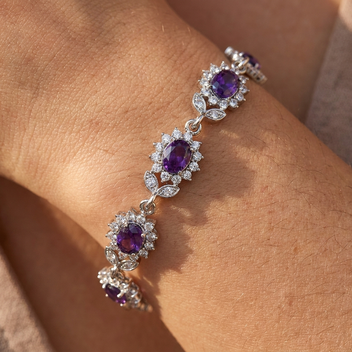 Silver floral bracelet with amethyst