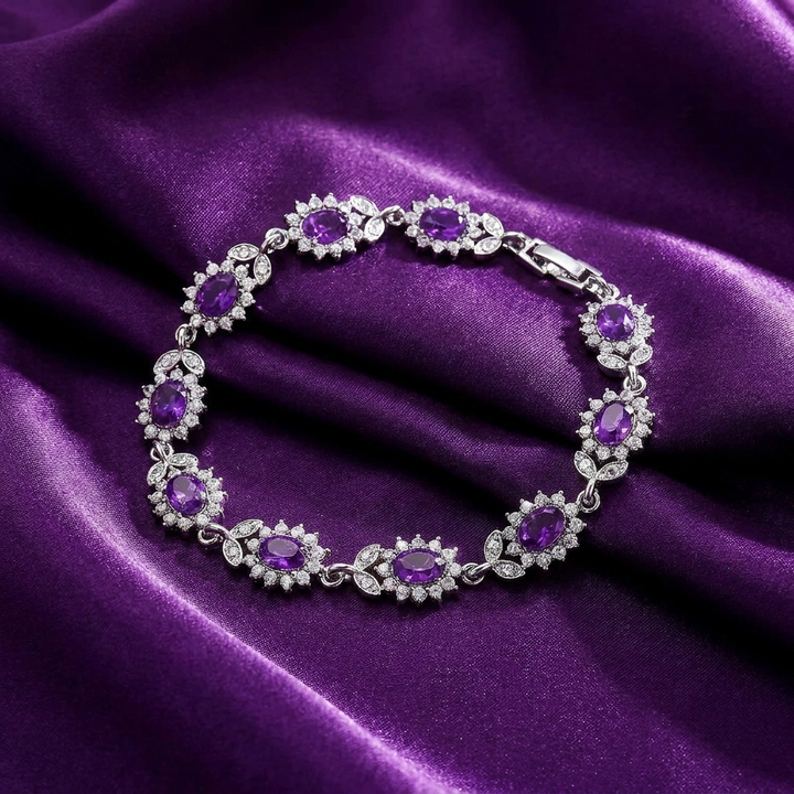 Silver floral bracelet with amethyst