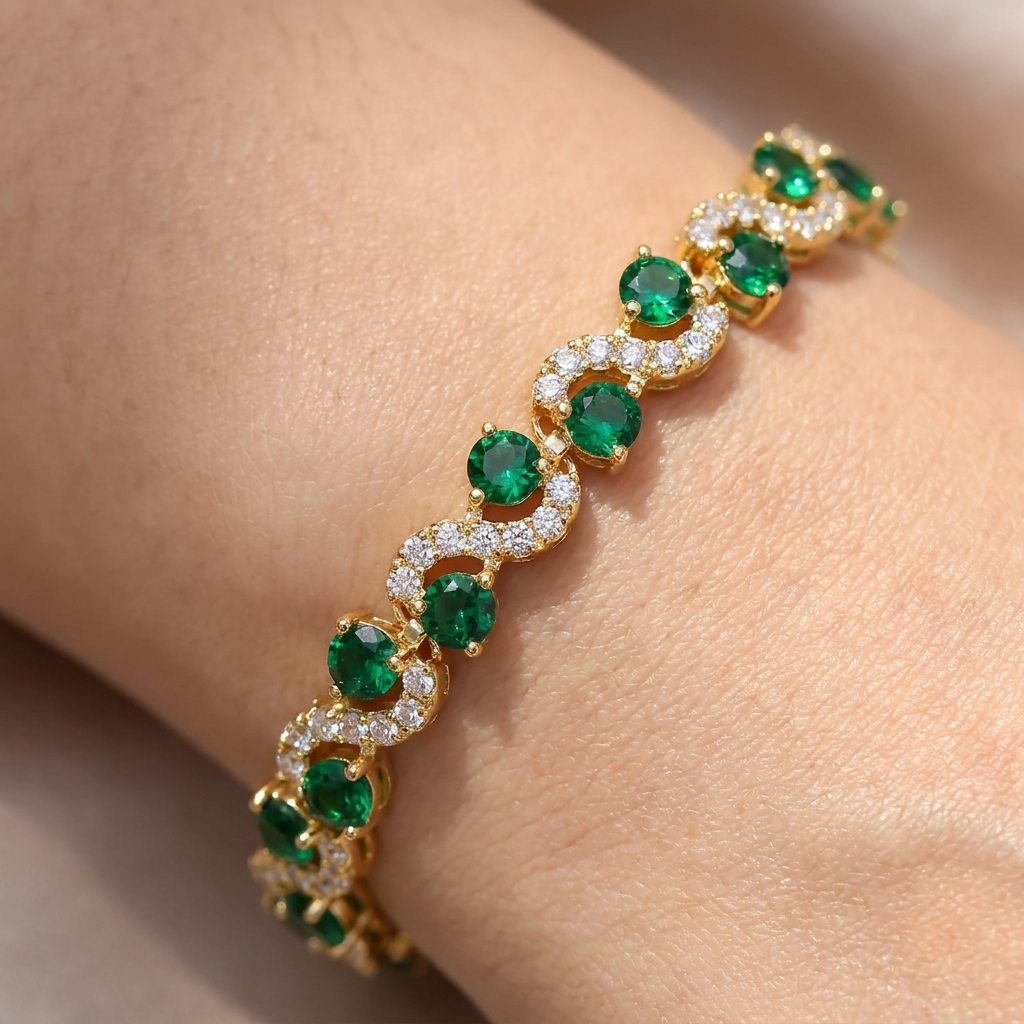 Gold halo bracelet with emerald