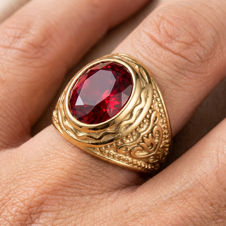 Engraved gold ring with ruby