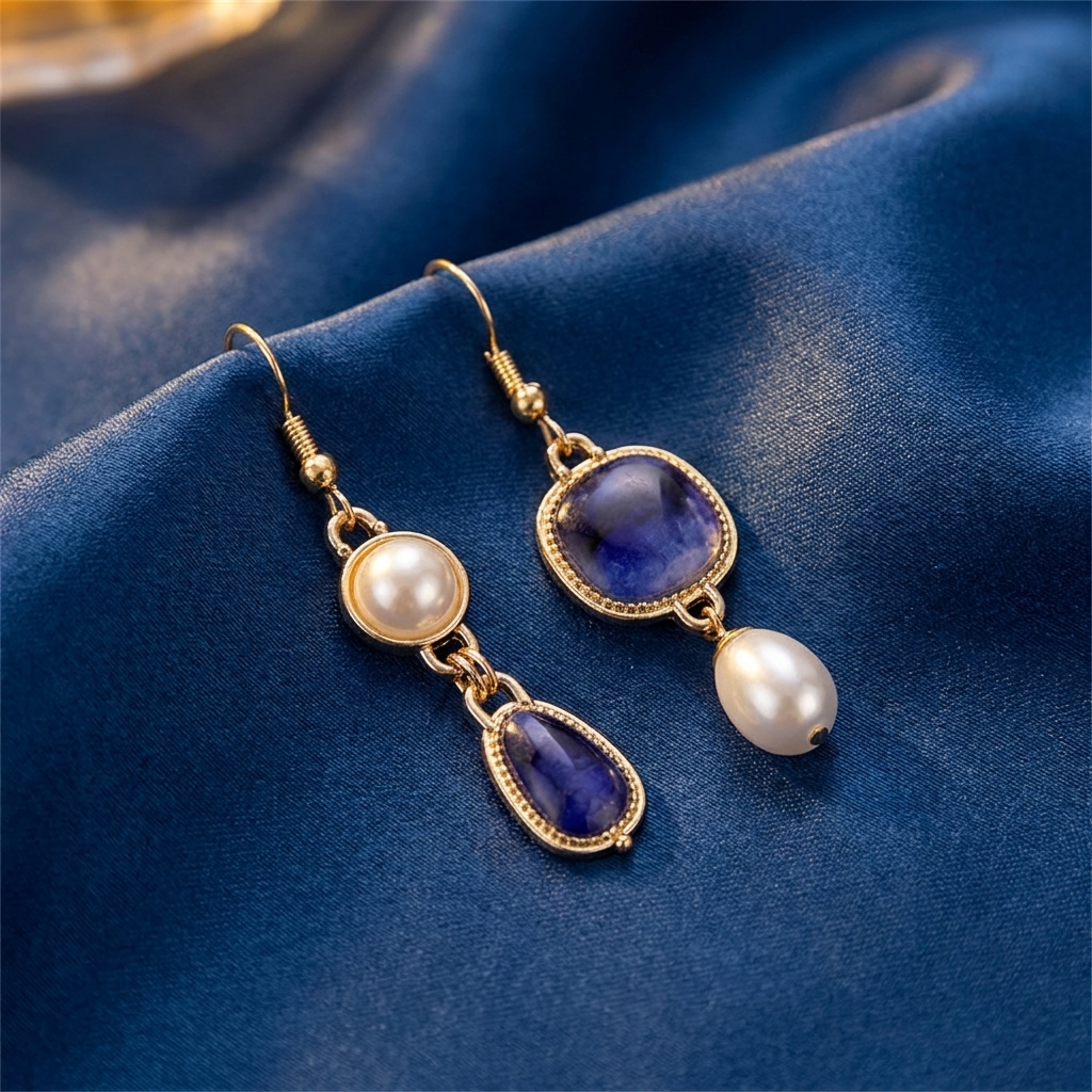 Vintage Blue Stone & Pearl Gold Earrings