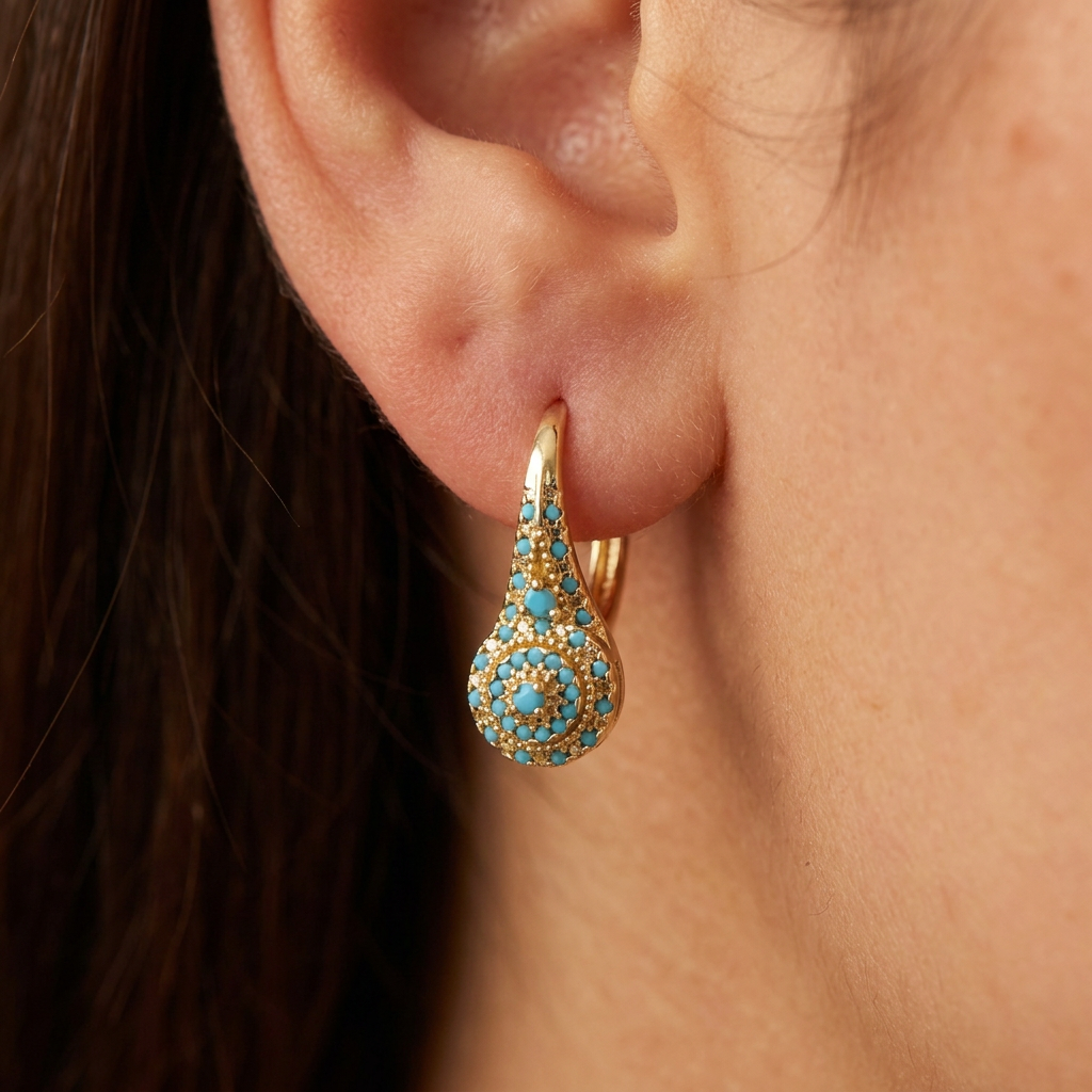 Turquoise Cluster Gold Earrings
