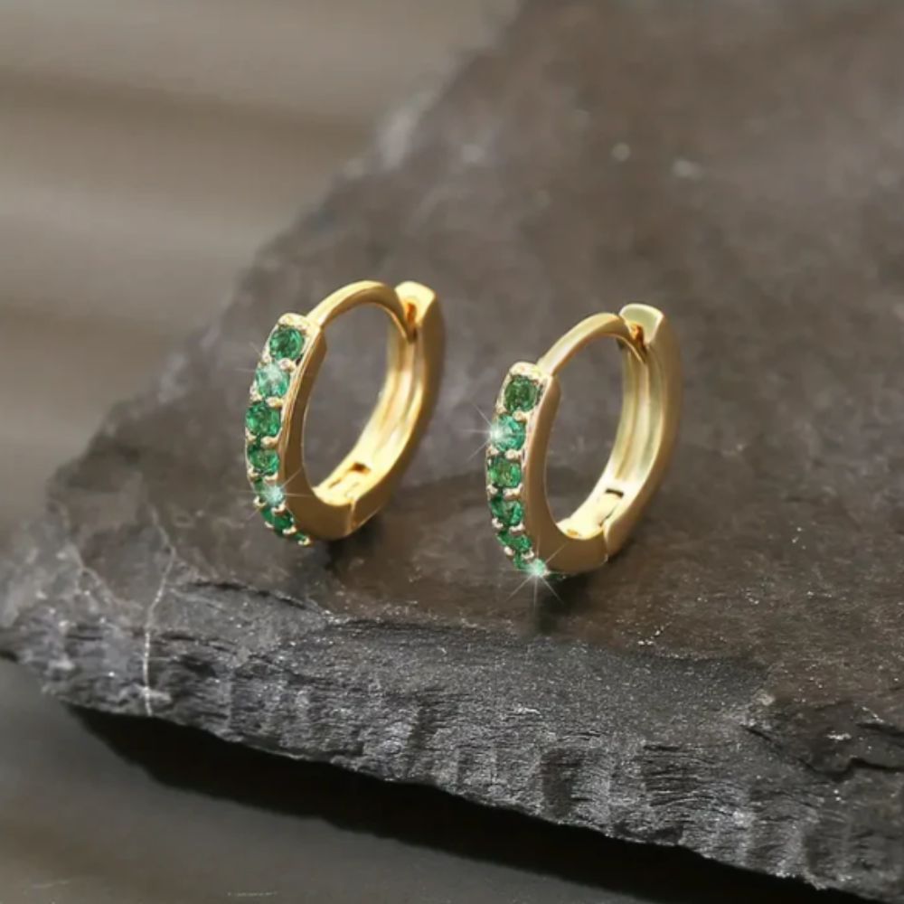 Gold Drop Earrings with green crystals